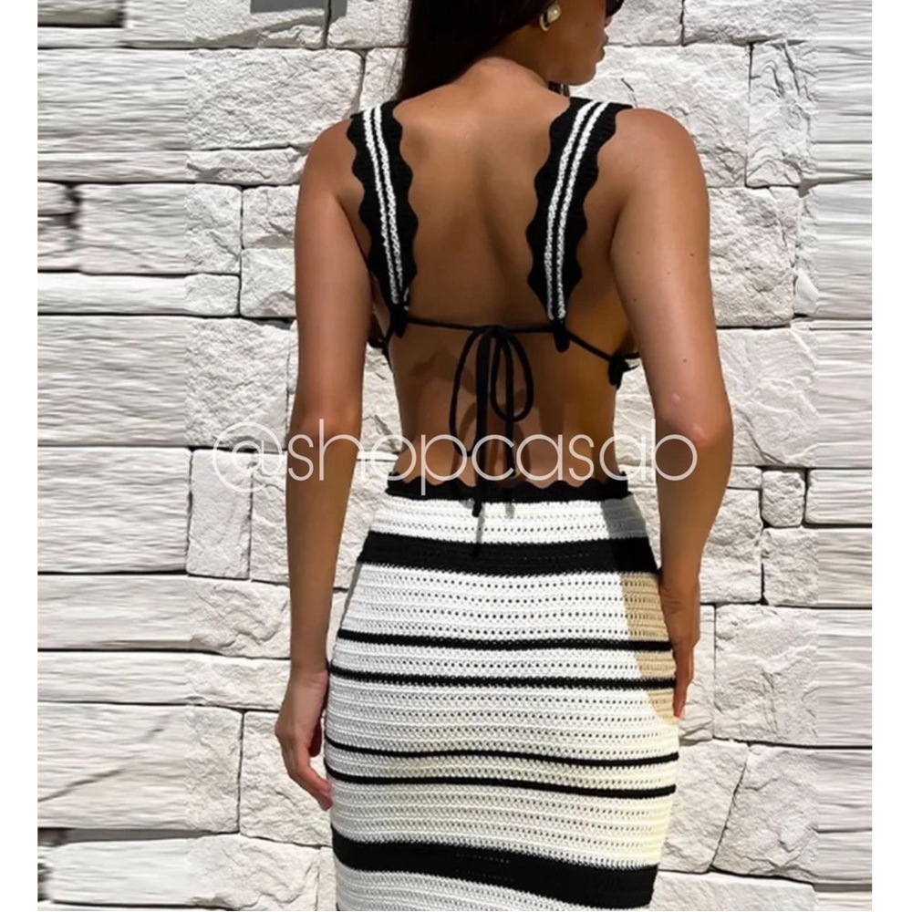 5⭐️CASA B|  Mirabella Triangle Top & Midi Skirt Knit Set in Ivory/ black - Picture 9 of 12